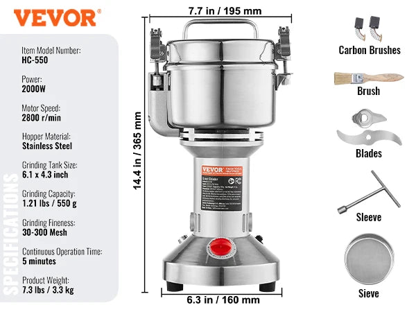VEVOR 150-2500g Electric Grain Mill Grinder Commercial Swing Spice Grinders for Dry Herbs Grains Spices Cereals Coffee Corn