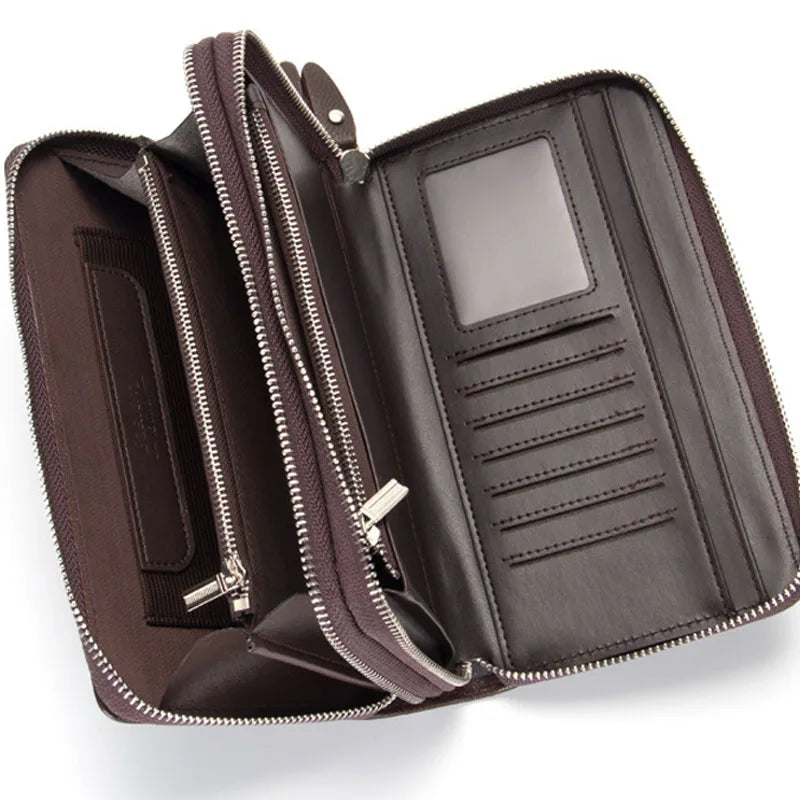 Men's Long PU Leather Clutch Wallet Large Capacity Business Double Zipper Card Holder Cellphone Handbag For Organized