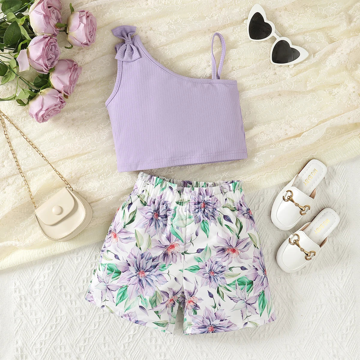 2PCS Summer Kids Girl Clothes Set Suspenders Bow Top+Flower Shorts Fashion Sense Design Party Costume For Child Girls 1-8 Years