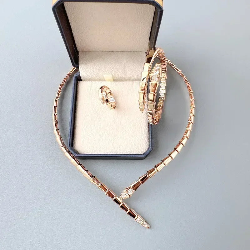 Designer Luxury Dinner Jewelry Sets Women Lady Inlay Cubic Zircon Snake Snakelike Narrow Collar Necklace Bangle Bracelet Ring