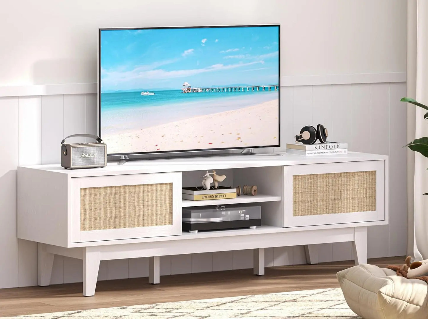 TV Stand for 55 65 Inch TV, Rattan Entertainment Center with Shelves, Cabinets and Sliding Doors, TV Media Console Table
