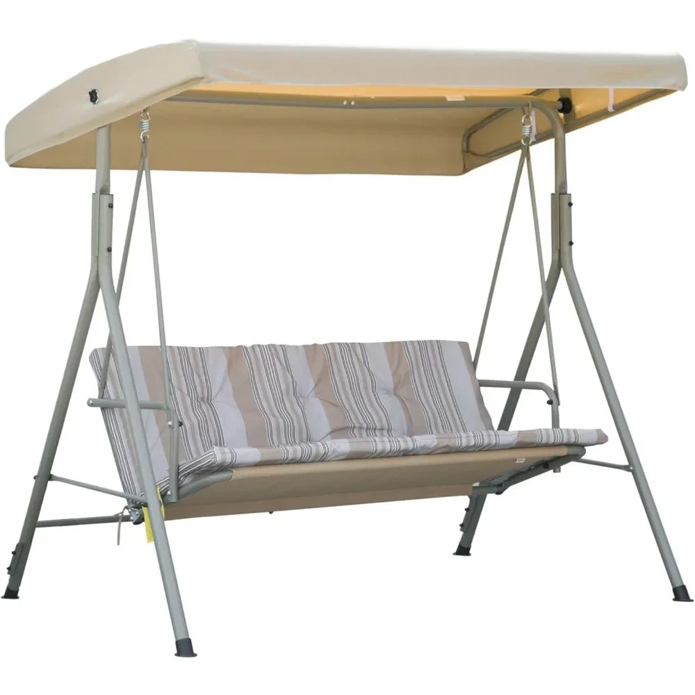 3 Seater Garden Swing Chair, with Tilting Canopy, Removable Cushion, Light Brown Top, Patio Swing Bench