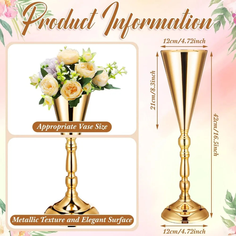 20 Pcs 16.5 Inches Tall Gold Vase Centerpiece Wedding Metal Flower Arrangement Stand Trumpet Vase Tabletop