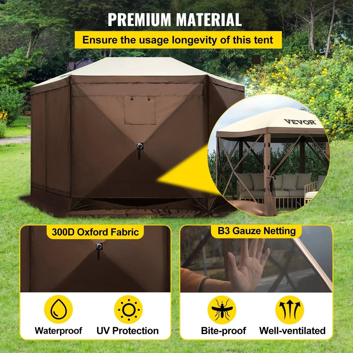 Camping Gazebo Screen Tent; 12*12ft; 6 Sided Pop-up Canopy Shelter Tent with Mesh Windows; Portable Carry Bag; Stakes