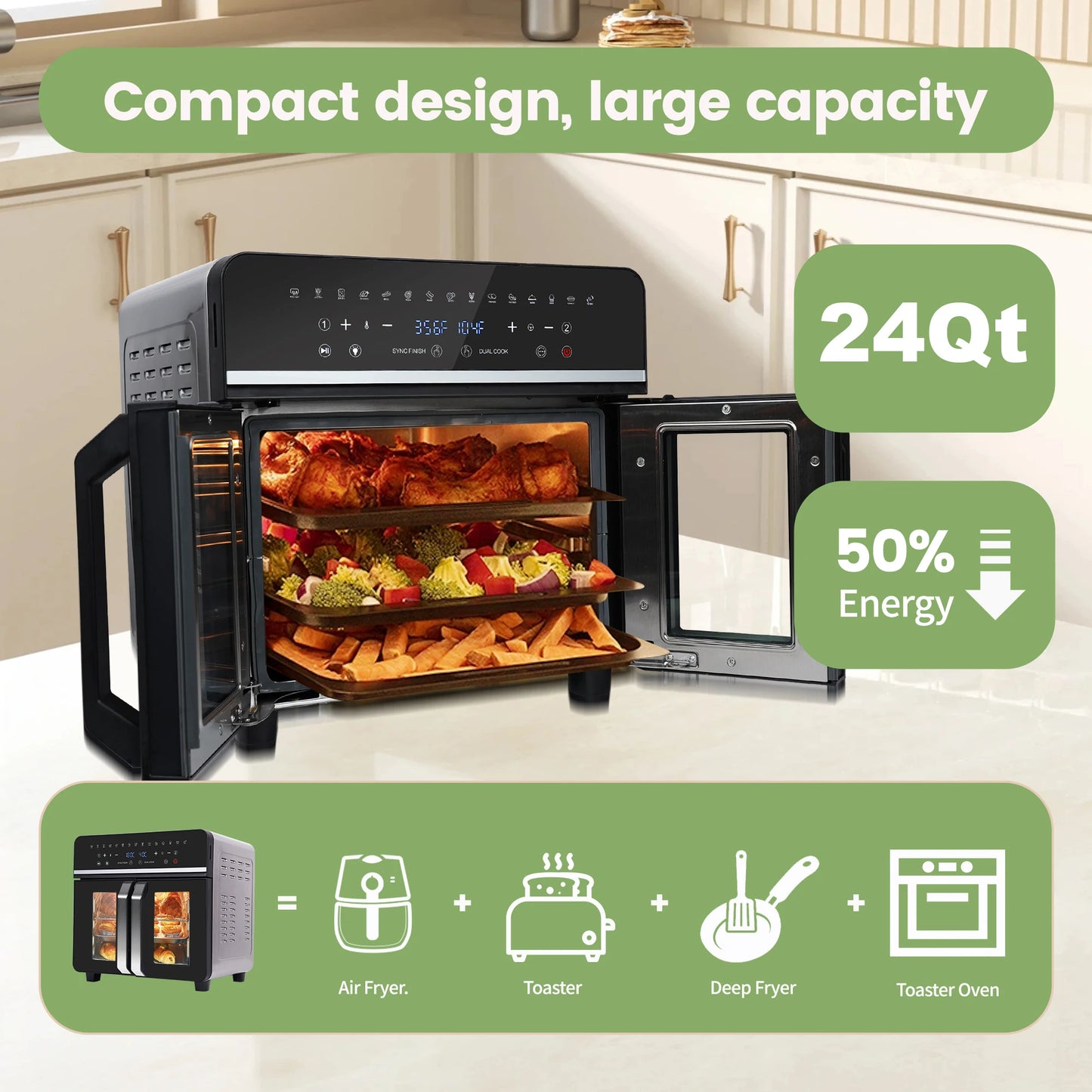 Dual Zone Hot Air Fryer, 24QT Hot Airfryer, XXL Oven with LED Touch Screen, 15 in 1, Luxury Accessories with Recipe Book,