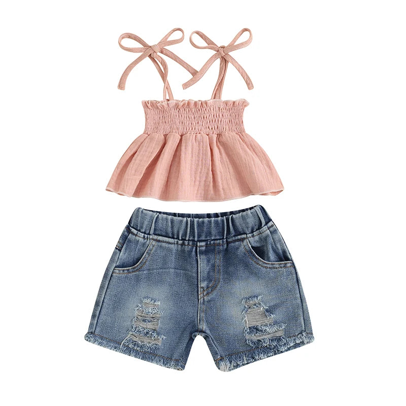 Pudcoco Kids Baby Girls Shorts Set, Tie-up Pleated Camisole with Ripped Denim Shorts Summer 2-piece Outfit 1-5T
