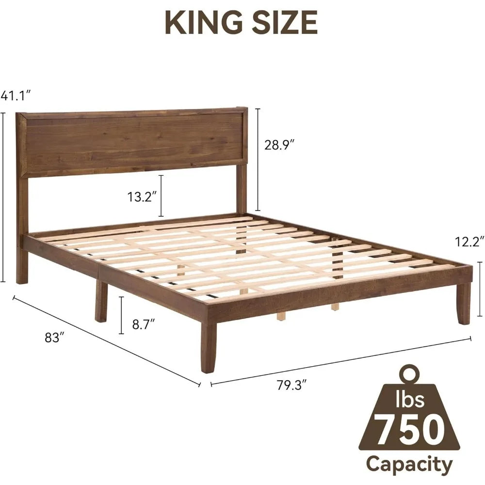 Wood Bed Frame,Wooden King Platform Bed Frame with Headboard,Sturdy Rubber Modern Home Style Bed Frame for Bedroom (Ki