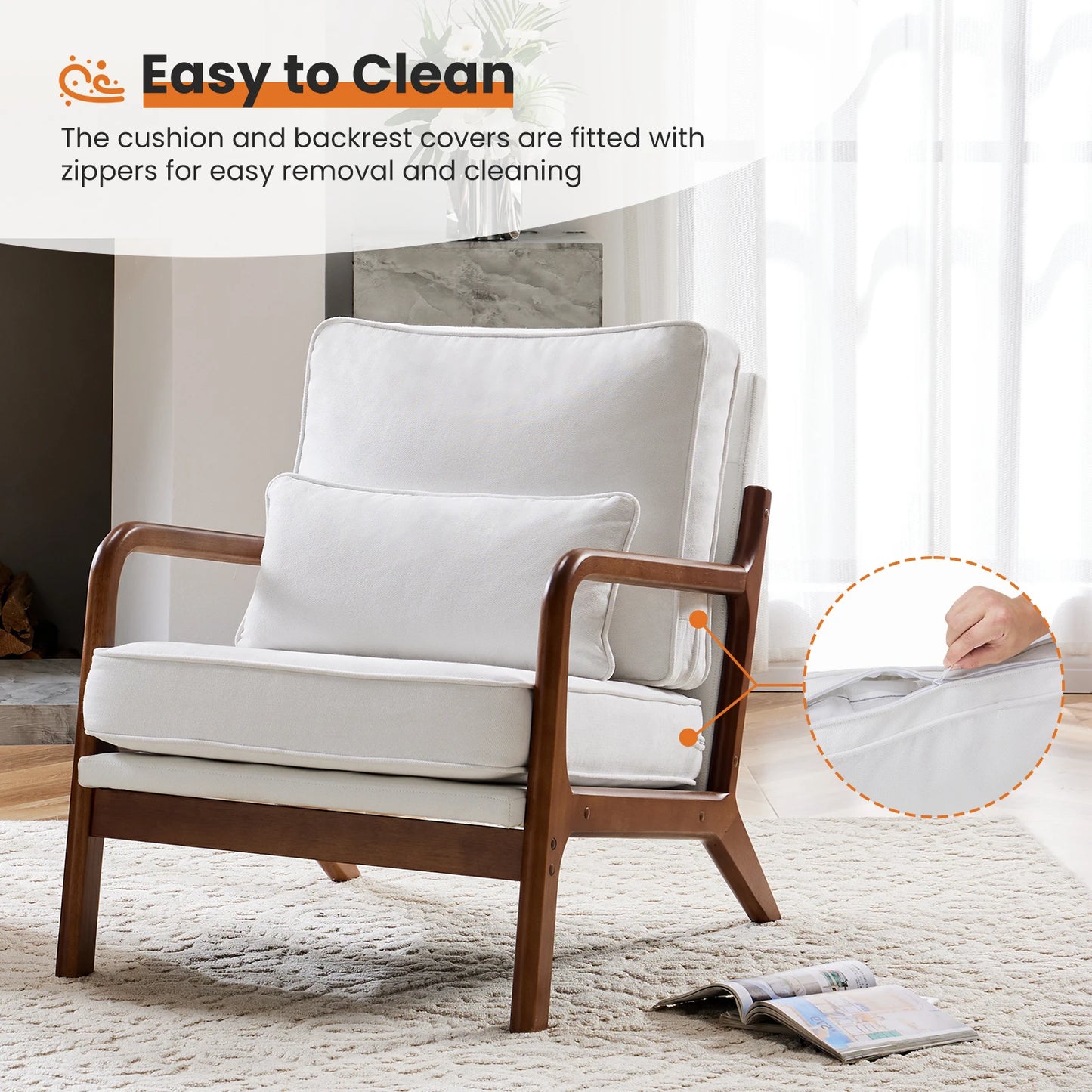 JHK Mid Century Single Living Room Sofa with Lumbar Pillow Upholstered Comfy Reading Chair With Wood Frame For Bedroom