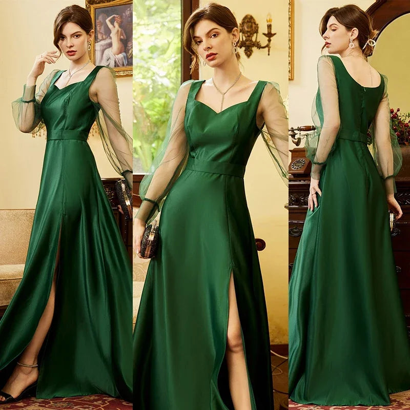 Cocktail Dresses Womens Green Satin Formal Wedding Guest Evening Party Maxi Dresses Long Sleeve Split Maxi Cocktail Long Dresses