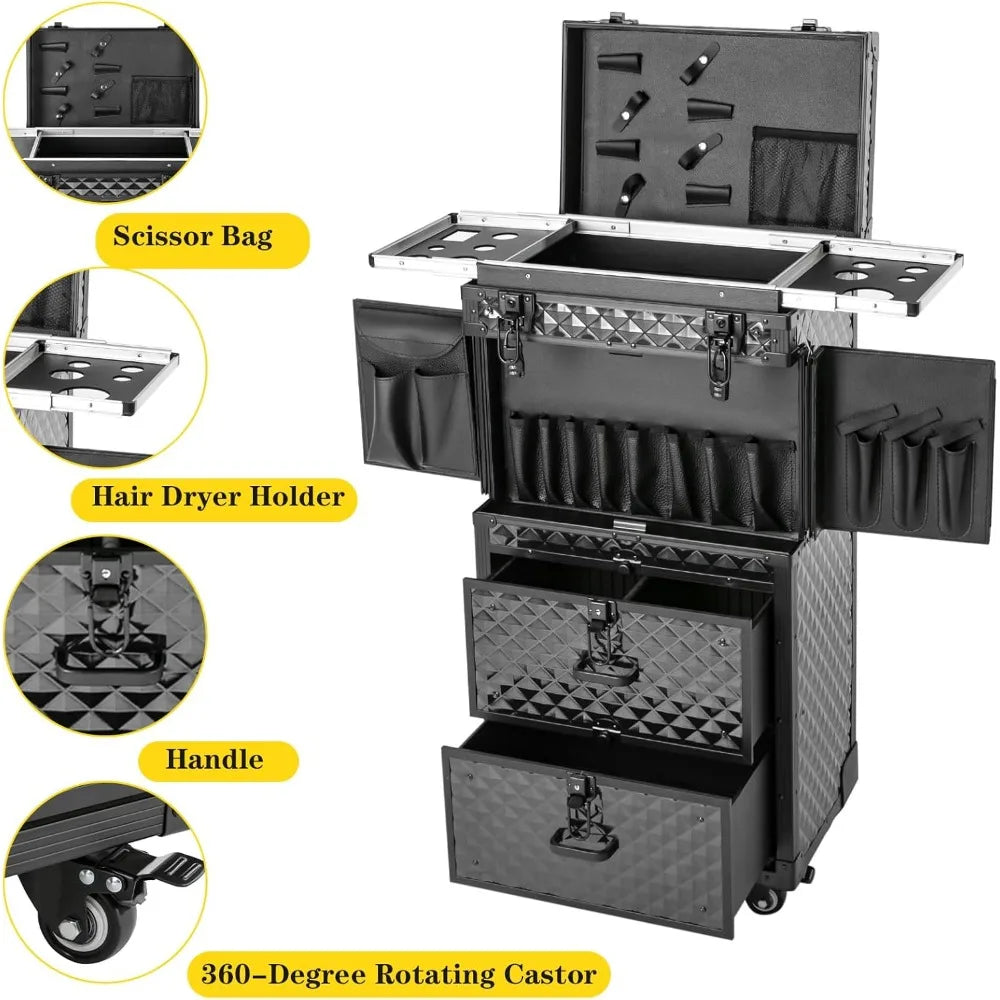 Rolling Lockable Makeup Train Case, Rolling Makeup Case | Large Trolley Storage Case Lockable | Trolley Professional Cosmetic