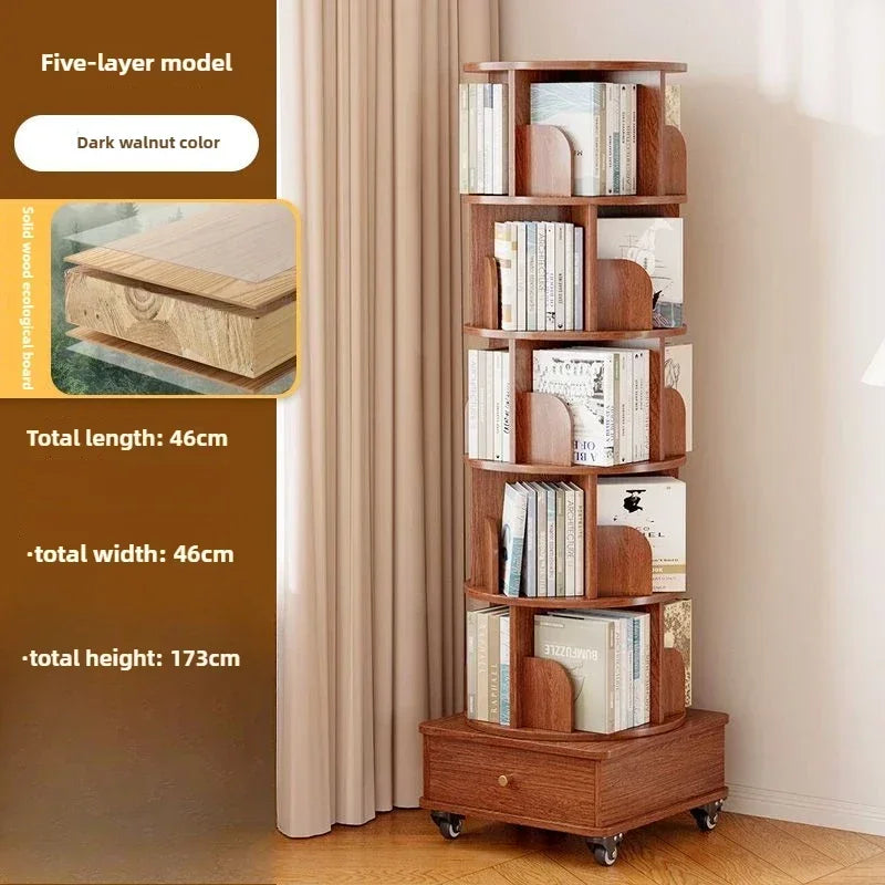 Rotating Bookshelf 360 Floor-to-ceiling Living Room Storage Shelf Home with Wheels Mobile Student Picture Book Shelf Bookcase