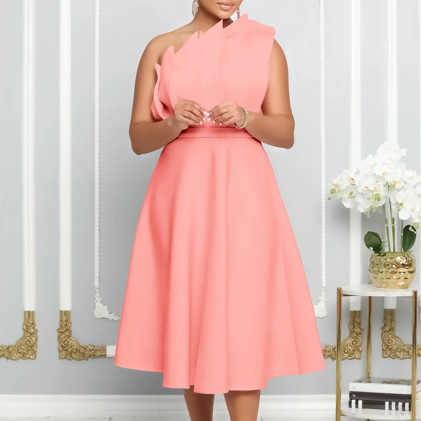 2025 New Arrival Hot Sale Elegant Women Dress Plus Size Ruffle Patchwork One Shoulder sleeveless Outfits Evening Party Dress
