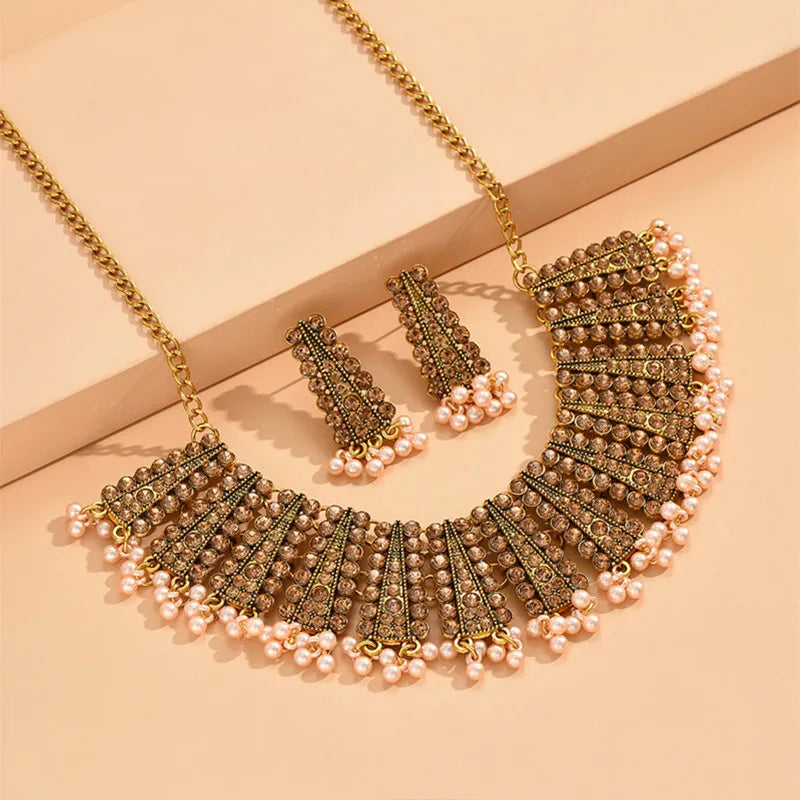 Statement Jewelry Sets Crystal Vintage Elegant Geometric Simulated Pearl Beads Necklace Earring Sets Fashion Women Accessories