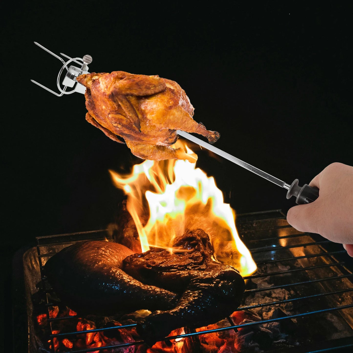 Stainless Steel Rotating Grill Spit Fork for Oven Roast Chicken BBQ Tool Lightweight Portable Meat Fork Kitchen Gadget Outdoor