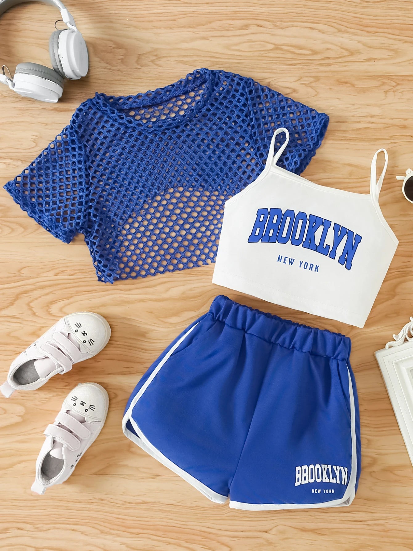 Girls Three-Piece Clothing New Breathable Summer Thin Fashion Short-Sleeved Mesh Top + Letter Printed Short Vest Suspender + Letter Printed Sports Shorts