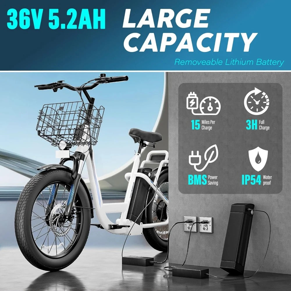1200W Electric Scooter with Seat, 20" Fat Tire Electric Bike with 48V Removable Battery, Up to 30Miles & 20MPH