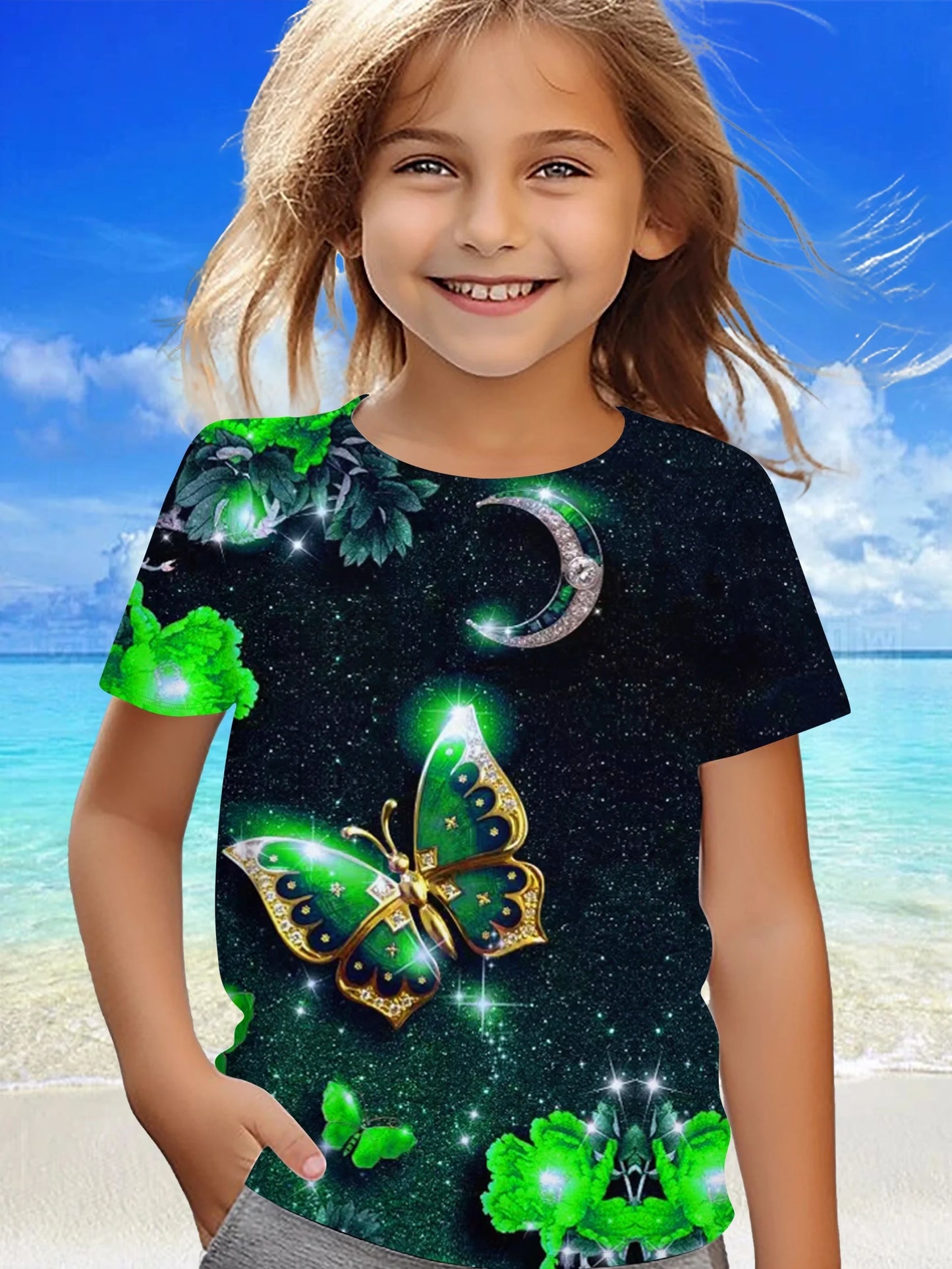 Children's Clothing Girl Clothes Short Sleeve Girl T-Shirt Prety Butterfly Print Kawaii Round Neck Girl Top Kids Summer Clothes
