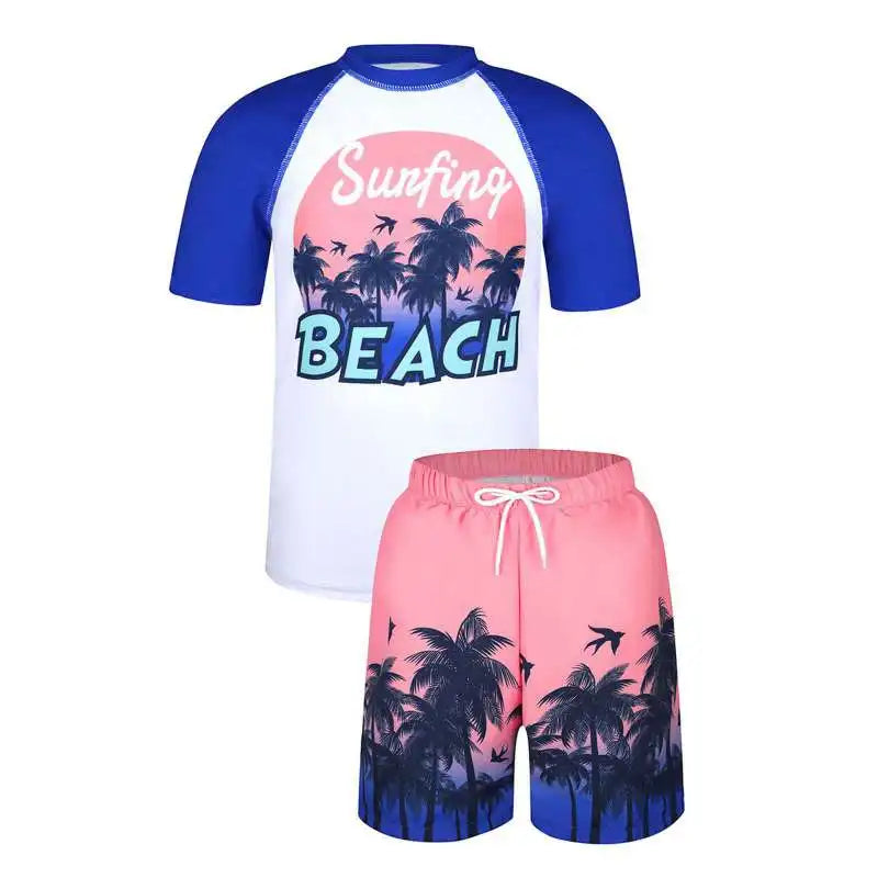Children Boys Summer Short Sleeve Beach Suit Clothing Set Printing Breathable Kids Sports Short Sleeve Beach Pants