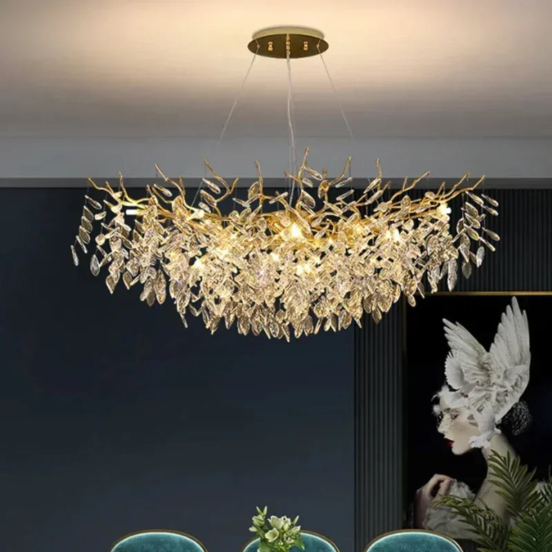 French luxury golden modern branch-shaped ceiling chandelier simple villa duplex American living room crystal LED chandelier