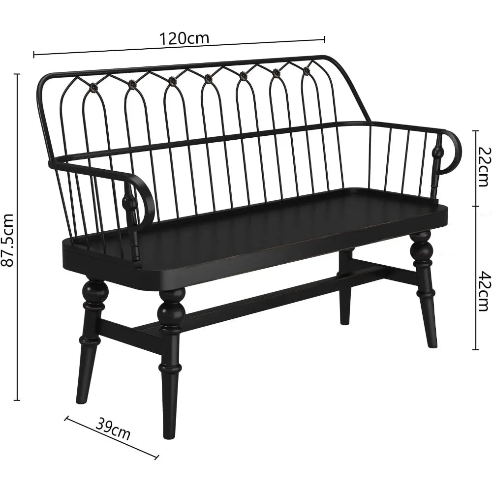 Entryway Bench, Farmhouse Dining Bench with Back, Wooden Indoor Benches Seat with Metal Spindle Back for Entryway, Hallway