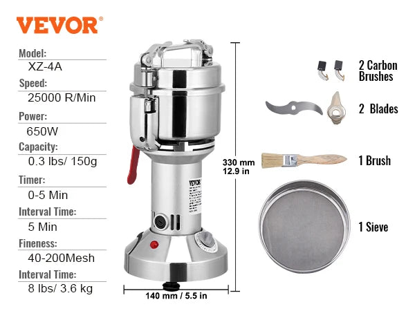 VEVOR 150-2500g Electric Grain Mill Grinder Commercial Swing Spice Grinders for Dry Herbs Grains Spices Cereals Coffee Corn