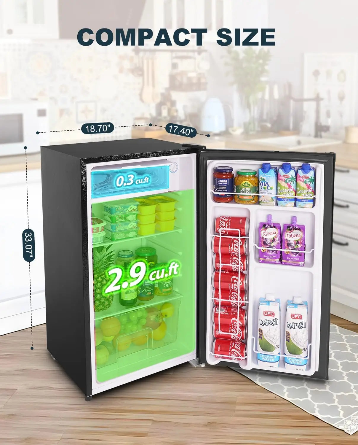 Single Door Mini Fridge, Dorm Fridge, Adjustable Thermostat, Mini Refrigerator for Bedroom, Office, Dorm, Black-BR321
