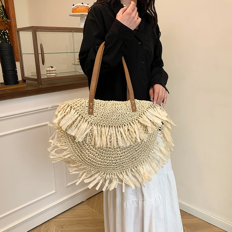 Women Stylish Knit Shoulder Bag Wear Resist Hand Woven Beach Bag Semicircle Underarm Bag Female Travel Commute Shoulder Bag