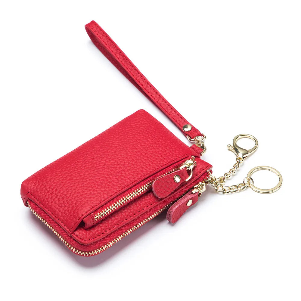 Mini Genuine Leather Women's Lychee Pattern Wallet Zipper Around Card Coin Purse with Detachable Wrist Strap Handbag