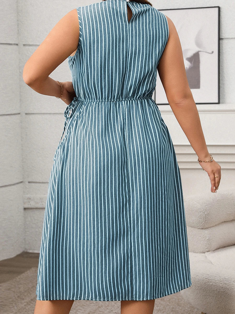 Women Plus Size Sleeveless Dress Summer Casual Floral Print A-Line Party Dress with Belt for Beach Club Streetwear and Vacation