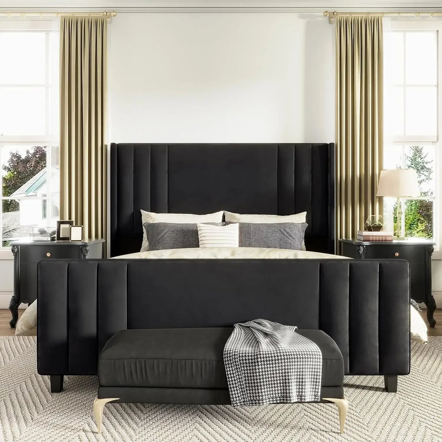 Queen Size Bed Frame, Velvet Upholstered Platform Bed Headboard & Footboard/Wingback, Mattress Foundation with Wood Slats,Black
