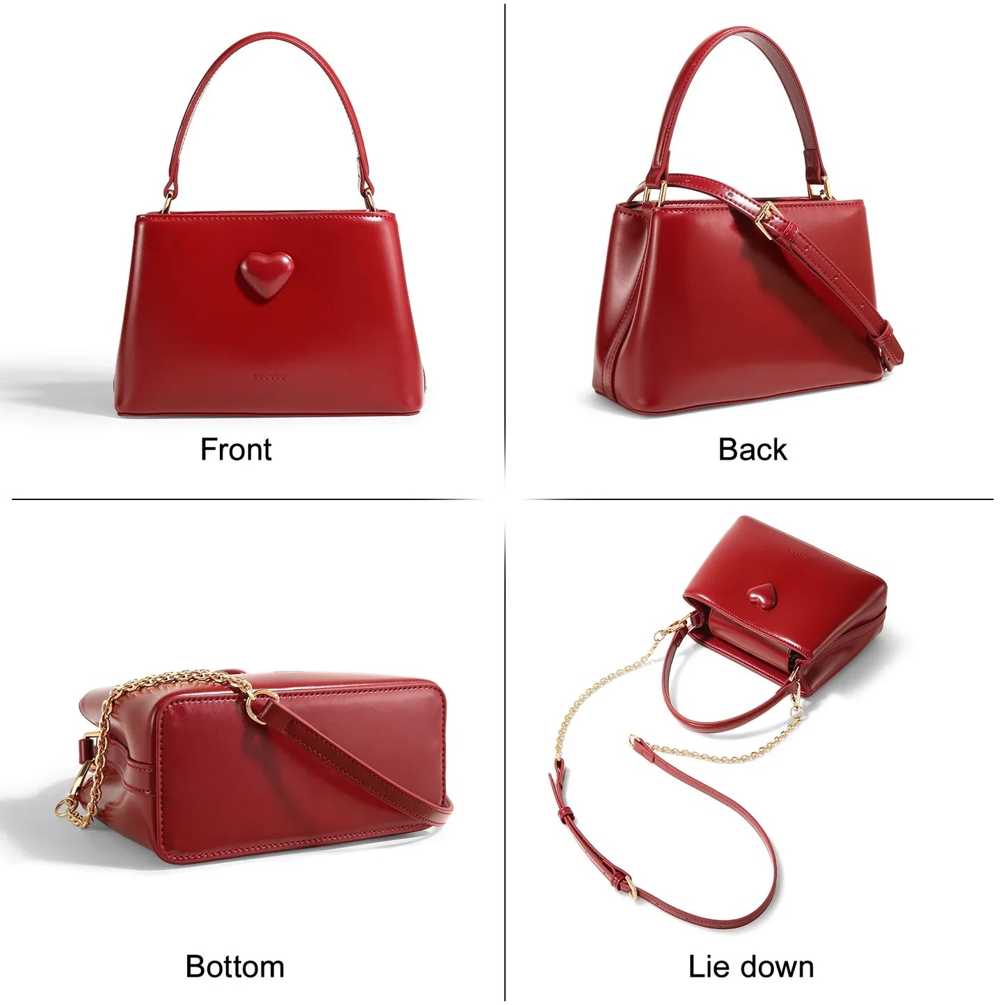 TOUTOU Women Handbag with Adjustable Strap Cowhide Wedding Bag Female Brides Daily Commuting Love One Shoulder Crossbody Red Bag