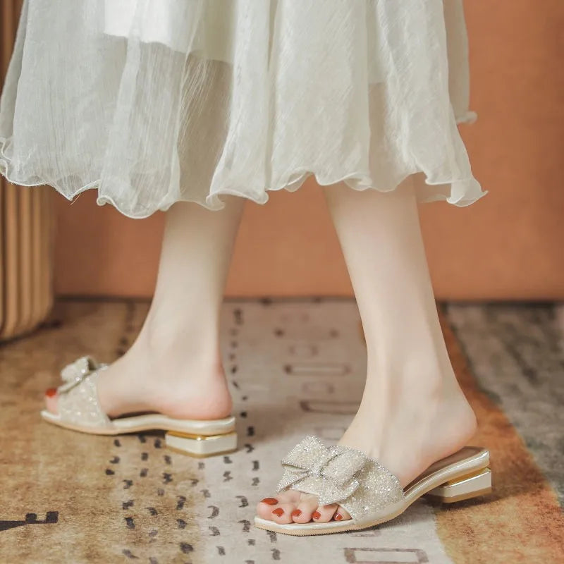 2023 New Chunky Heel Fashion Flat Ladies Rhinestone Slippers Womens Shoes Comfort Summer Peep Toe Shoes