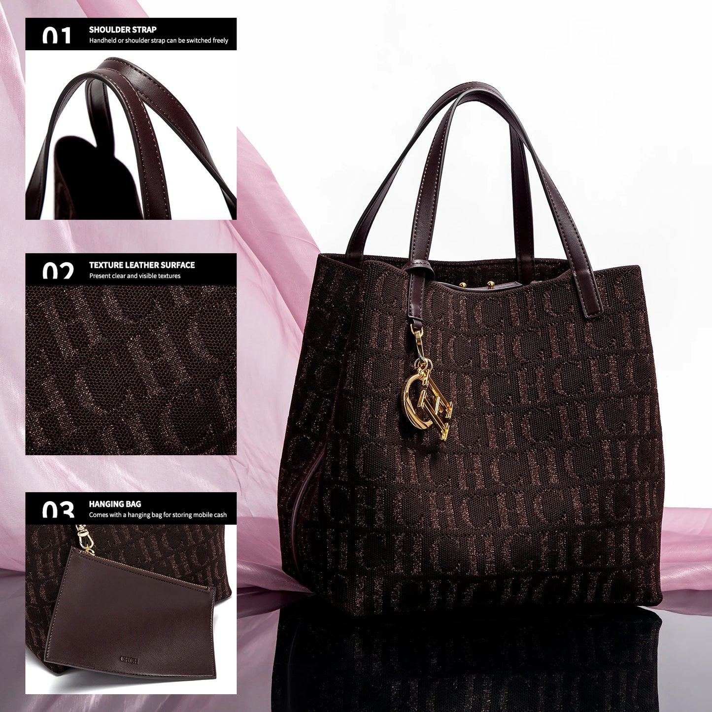 CH Simple Daily Commuter Bag Ladies Crossbod Ladies Tote Bag Large Capacity Ladies Shoulder Bag Solid Colour Letter Print Design