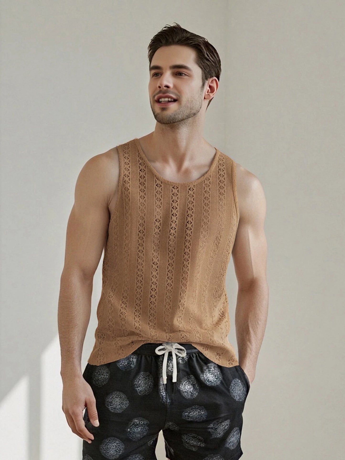 Men s Lightweight Breathable Sleeveless Tank Tops Solid Color Round Neck Casual Summer Beach Vest with Jacquard Hollow Out