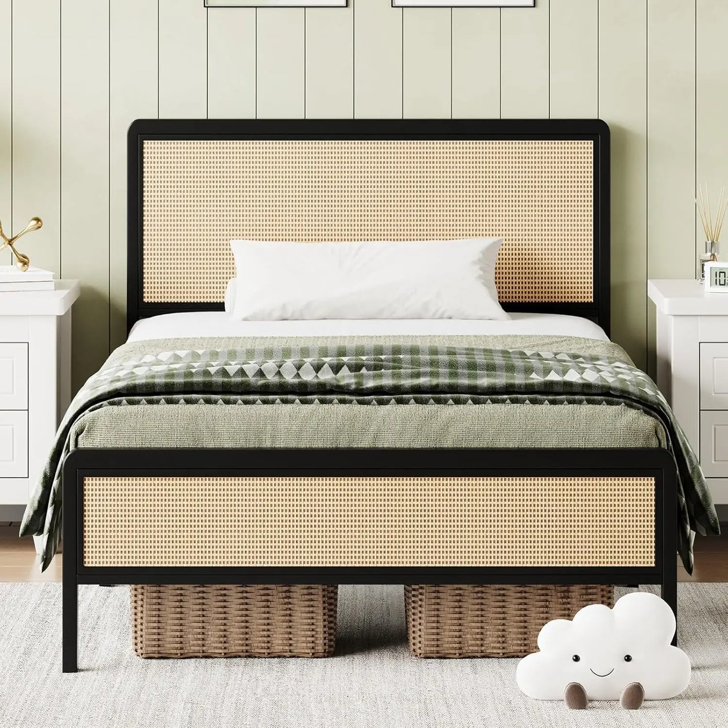 Rattan Frame Full, Boho Frame with Headboard, Metal Platform Bed Frame, Rattan Beds Frames with Steel Slats Support