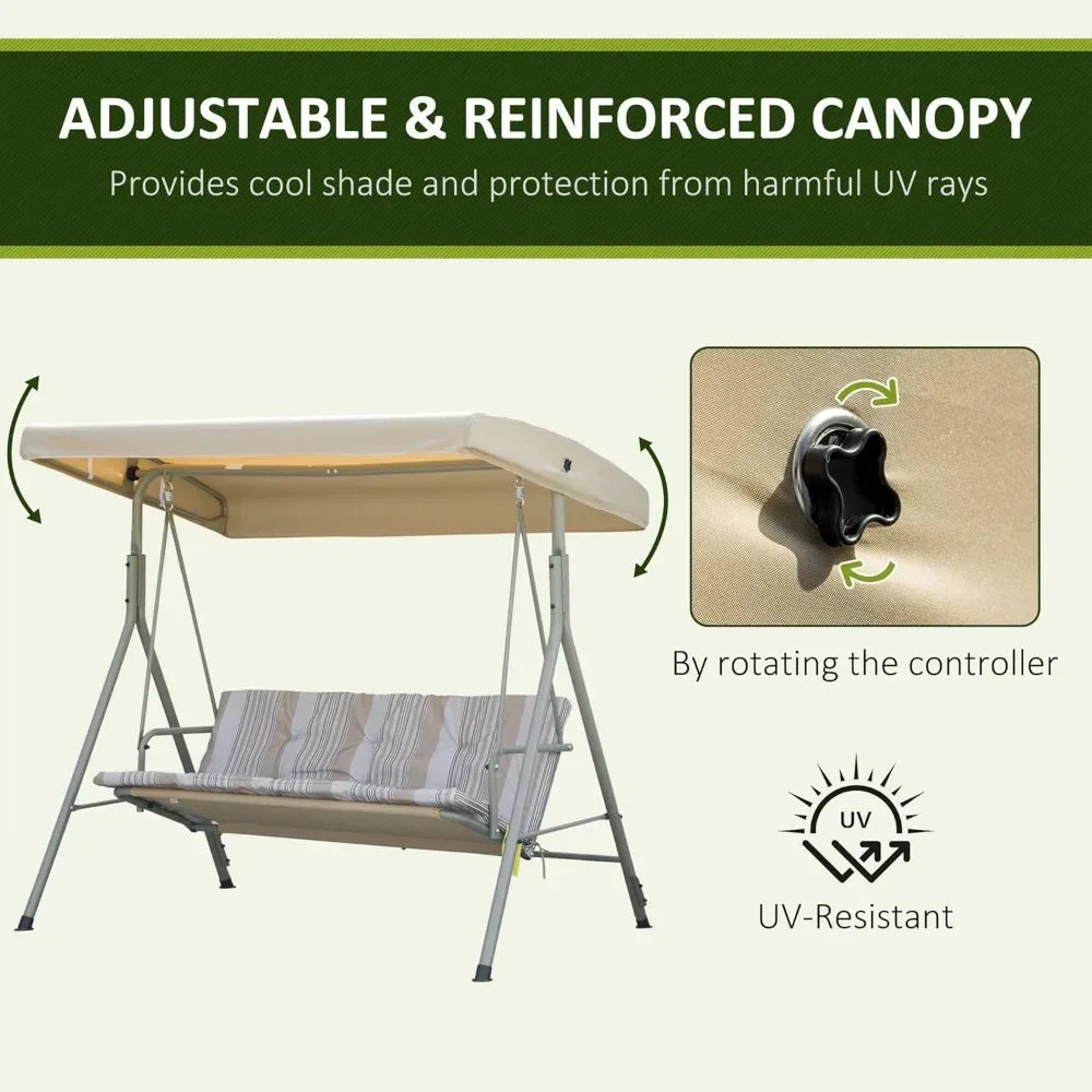 3 Seater Garden Swing Chair, with Tilting Canopy, Removable Cushion, Light Brown Top, Patio Swing Bench