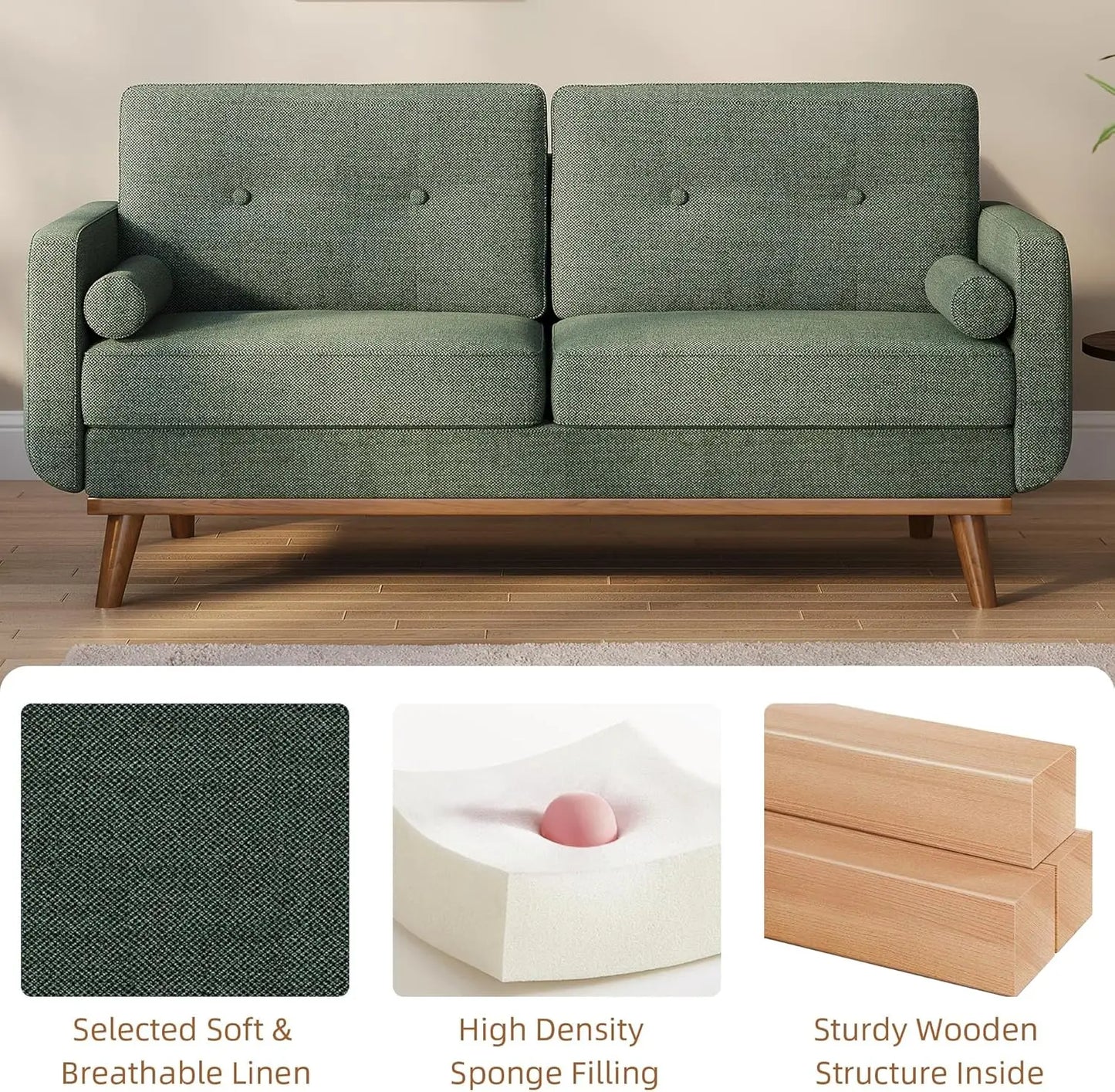 65"Sofa Mid Century Modern Couches for Living Room 2 Seater Deep Seat Couch Linen Upholstered Couch for Bedroom Office