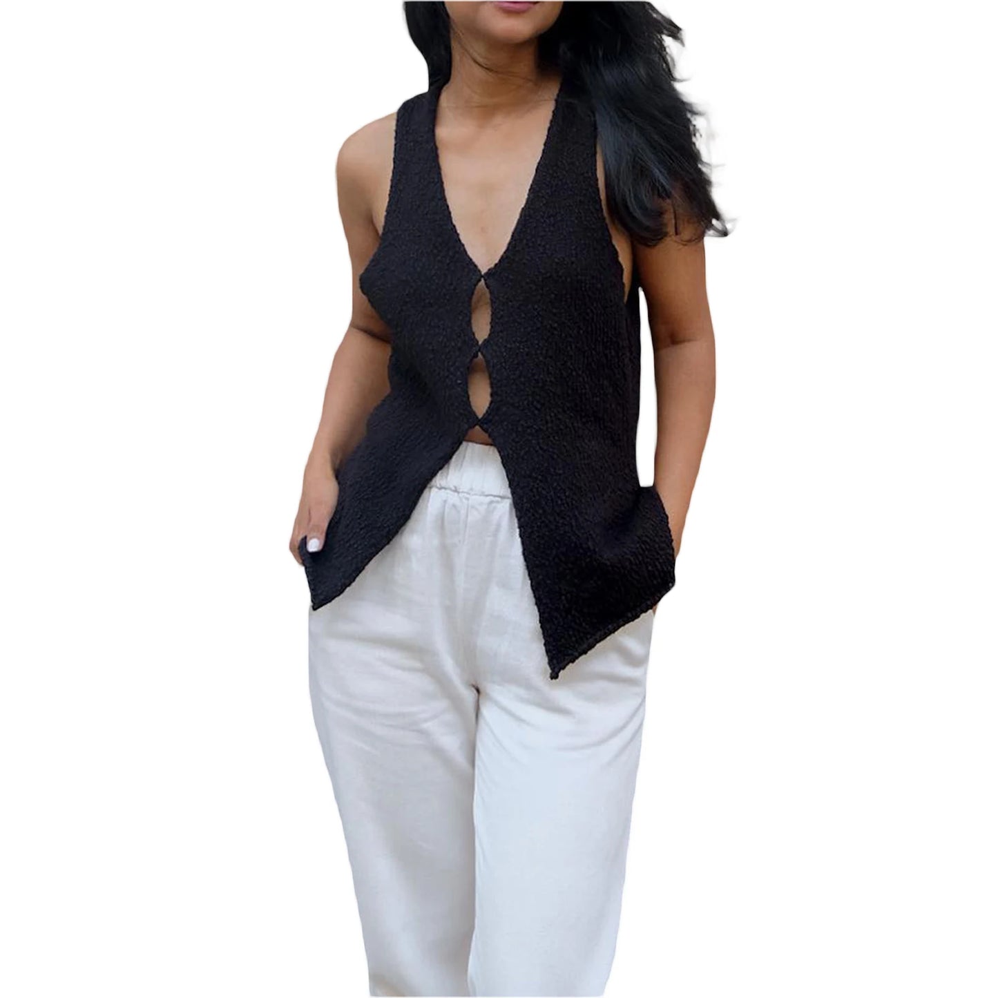 Women Knit Vests Solid Color V-Neck Sleeveless Hollow-Out Front Sweater Vests Pullovers Casual Tank Tops Streetwear