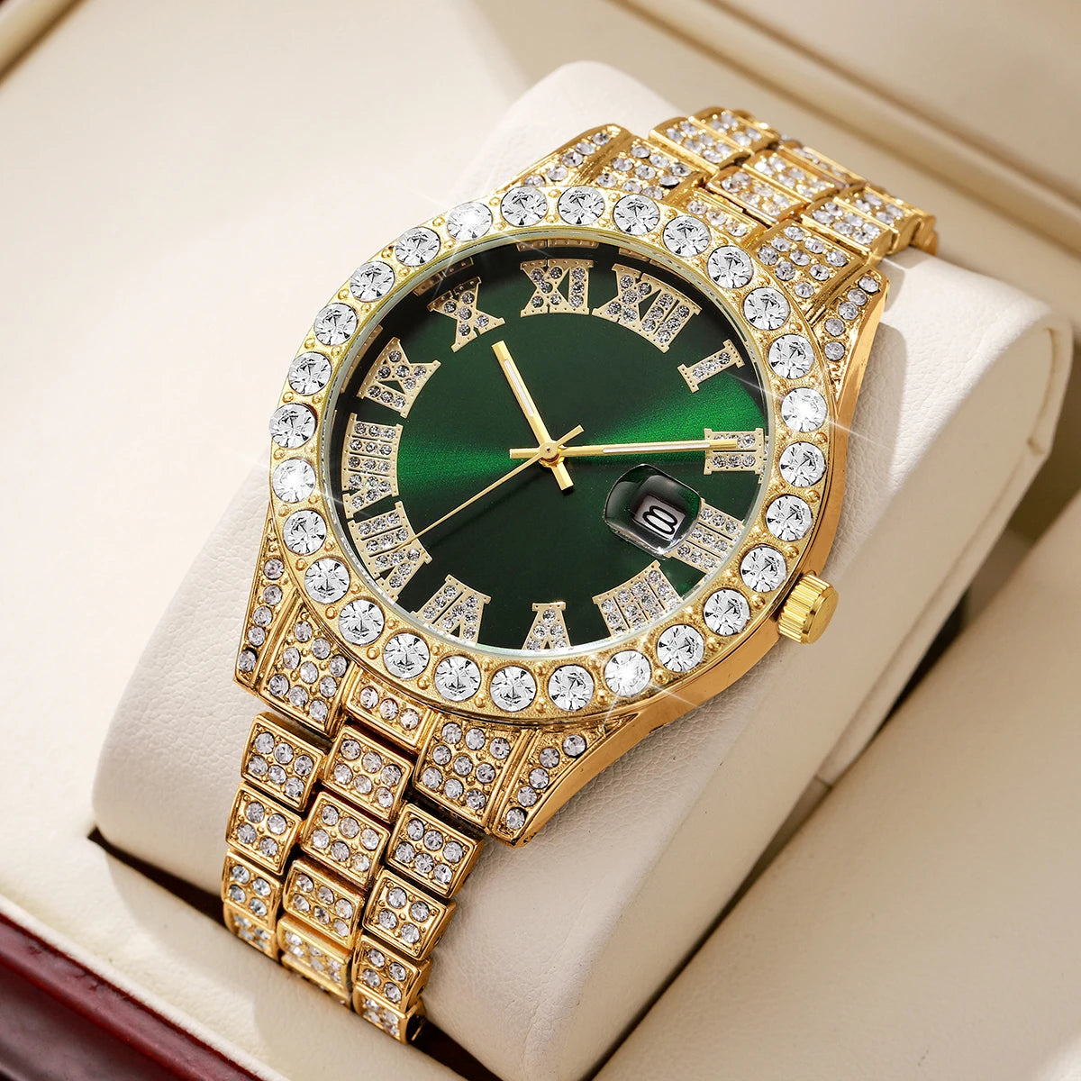Fashion Full Diamond Men's Watch Stainless Steel Band Male Quartz Wristwatches Date Calendar Watches
