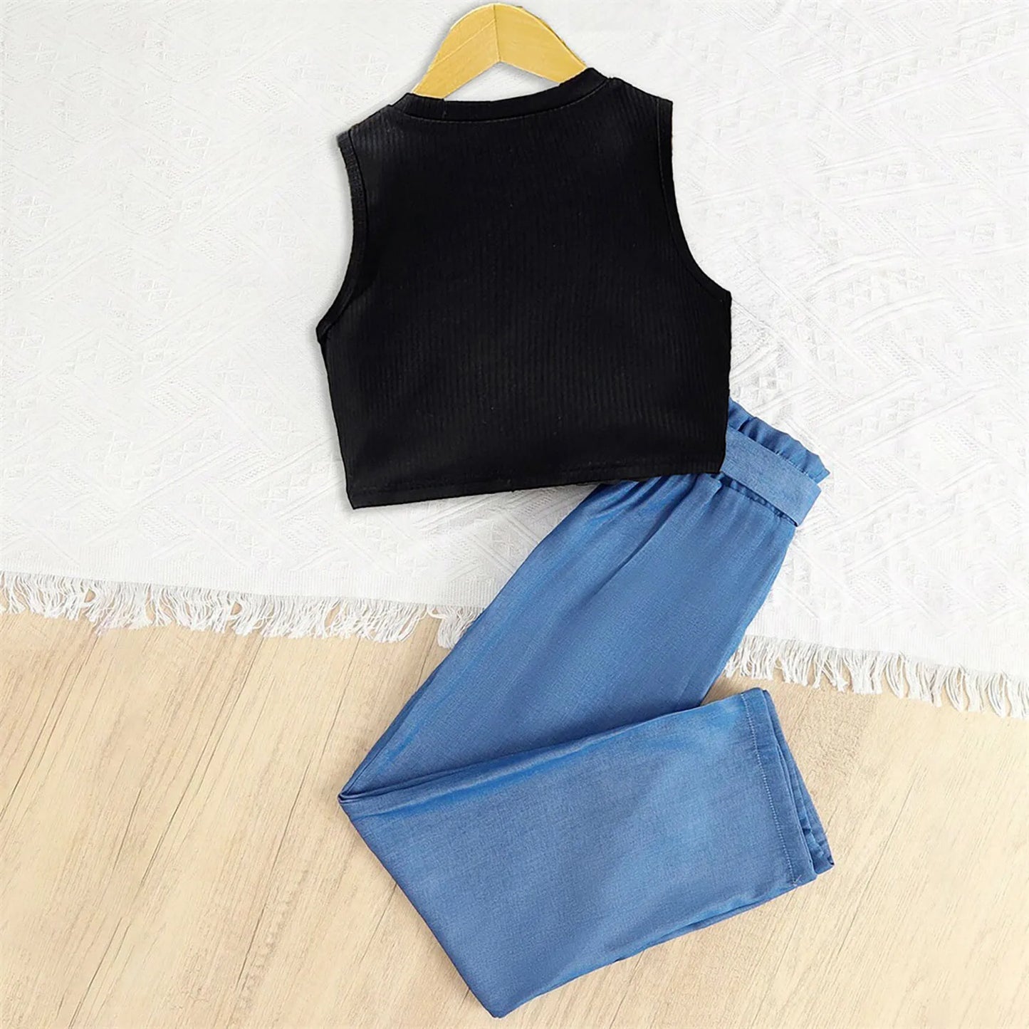 Summer Girls Thin Fashion Sleeveless Top High Waist Straight Tube Wide Leg Slimming Pantsuit Cotton Cute Baby Clothes