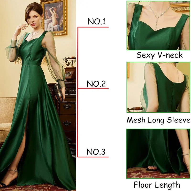 Cocktail Dresses Womens Green Satin Formal Wedding Guest Evening Party Maxi Dresses Long Sleeve Split Maxi Cocktail Long Dresses