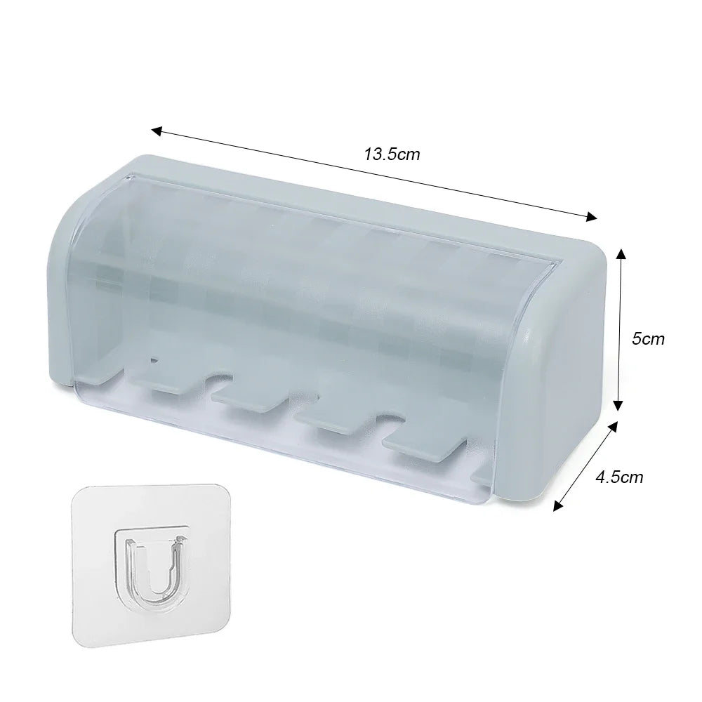 Bathroom Wallmount Toothbrush Holder with Cover 5 Slots Without Drilling Home Bathroom Self Adhered Toothbrush Storage Racks