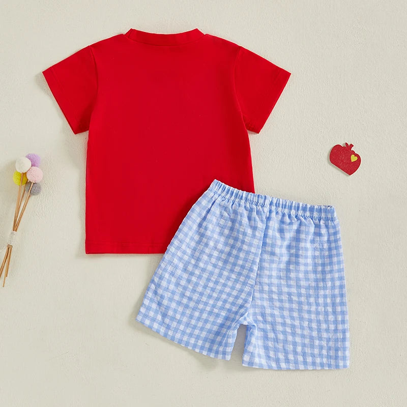 Boys Summer Outfit Set with Short Sleeve O Neck Embroidered Top and Plaid Shorts for a Stylish Look