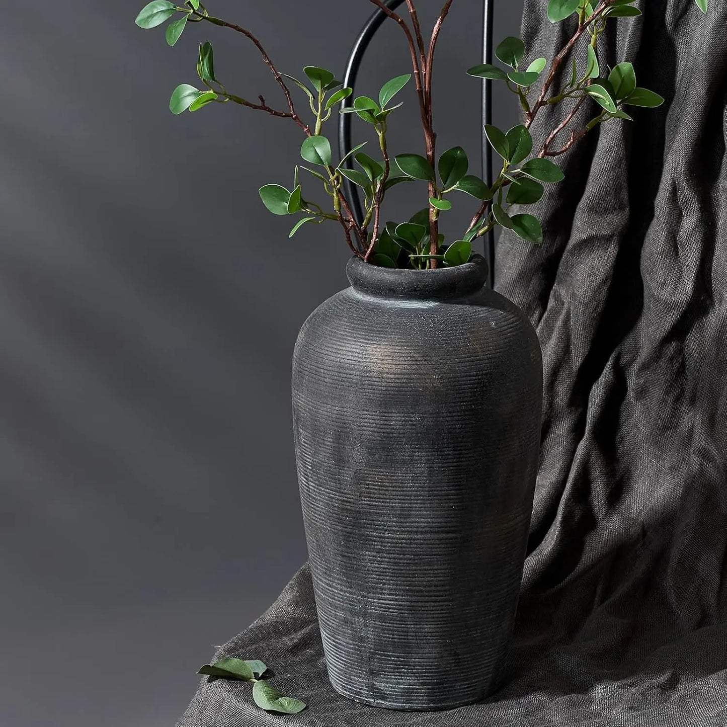 Large Ceramic Rustic Vase, 11 inch Minimalist Decorative Farmhouse Tall Vase for Home Decor, Living Room, Shelf Decor