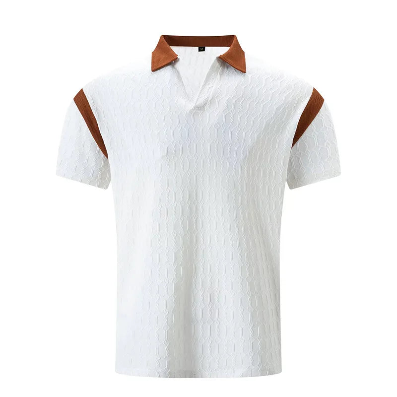 Men s Short Sleeve T-Shirts with Jacquard Patchwork Design and Turn Down Collar for Casual Summer Fashion Fit