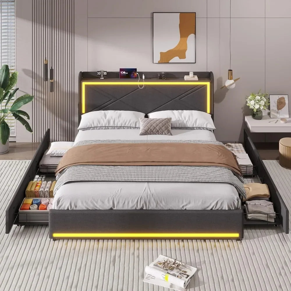 Queen Bed Frame with RGB LED Lights Headboard & USB-C/A Charging Station, Upholstered Platform Bed with Storage Drawers