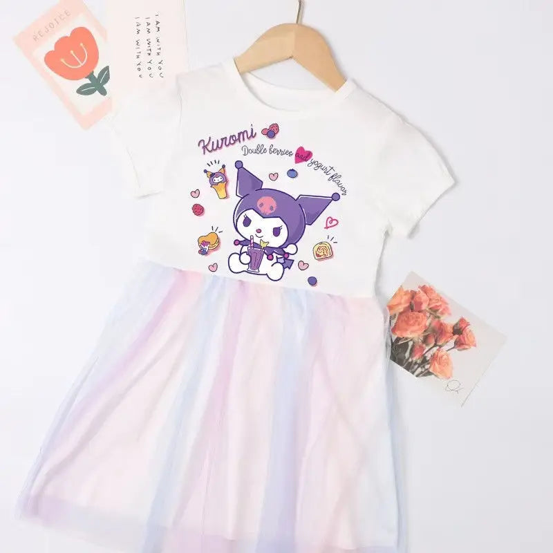 Sanrio Kuromi Girls Fashion Short Sleeve Dresses Summer Cute Cinnamoroll Melody Print Princess Dress Kids Birthday Clothes