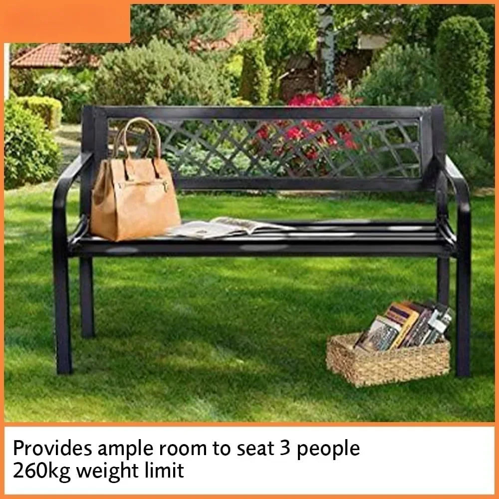 3-Seater Metal Garden Bench with Comfortable PVC Lattice Seat Back, Garden Furniture with Solid Steel Frame