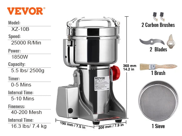 VEVOR 150-2500g Electric Grain Mill Grinder Commercial Swing Spice Grinders for Dry Herbs Grains Spices Cereals Coffee Corn