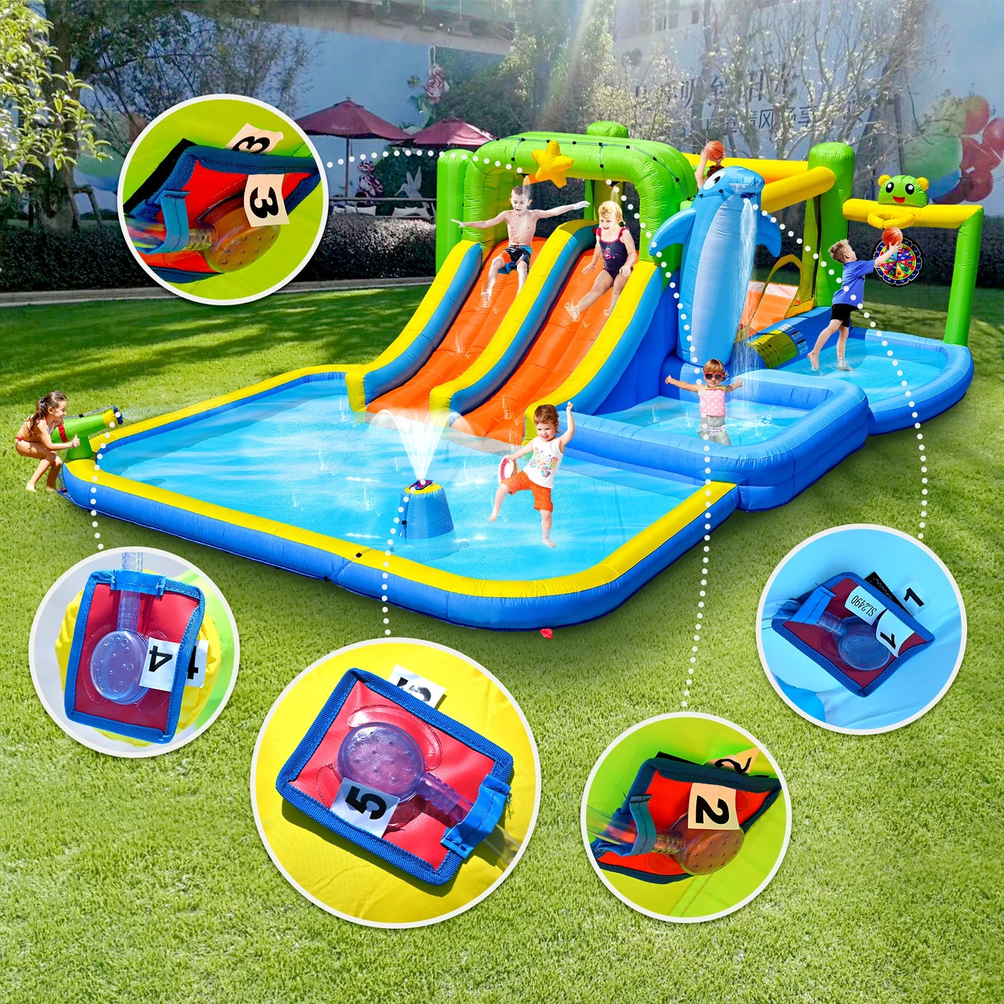 Inflatable Slide Water Park Trampoline Bouncing House Outdoor Garden For Endless Fun to Kids with Blower and Toys